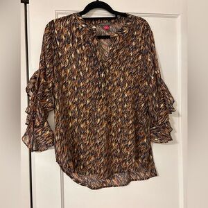 Vince Camuto Brown and Black Ruffle Sleeve Blouse